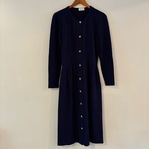 Kaia Knit Dress Navy Blue Gold Filigree Buttons Midi Old Money Classic Preppy